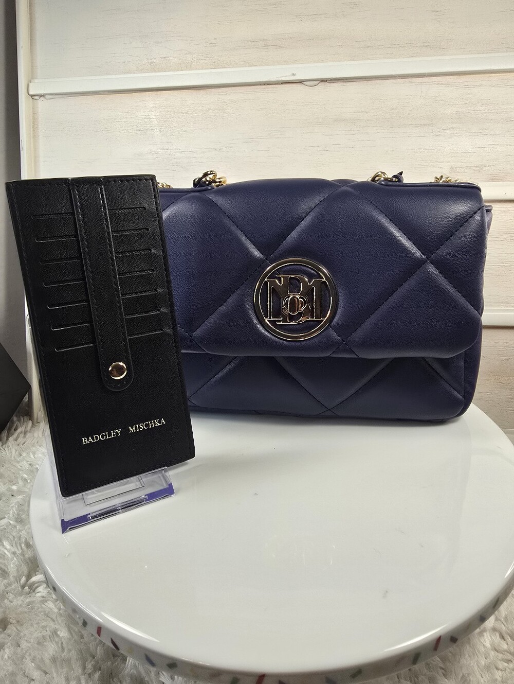 Badgley Mischka Quilted Navy Shoulder Bag with black card holder